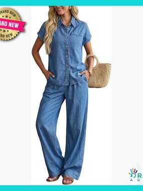 Lightweight Denim Two-Piece Set Button Down Shirt Wide Leg Pants Tracksuit